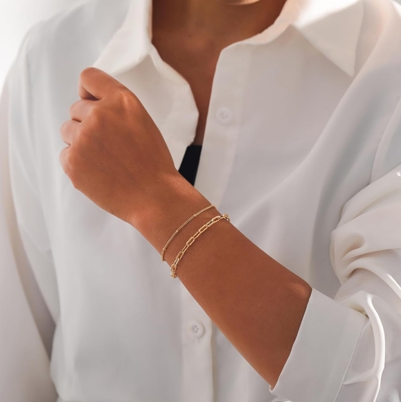 🆕 Bracelets 14K Gold Plated Stackable Bracelets Set of 2 - Picture 2 of 4